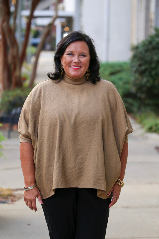 Relaxed Mock Neck Top-Taupe