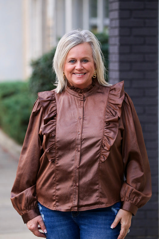 Ruffle Detail Button Down in Brown