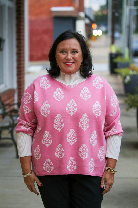 Botanical Mock Neck Sweater-Pink