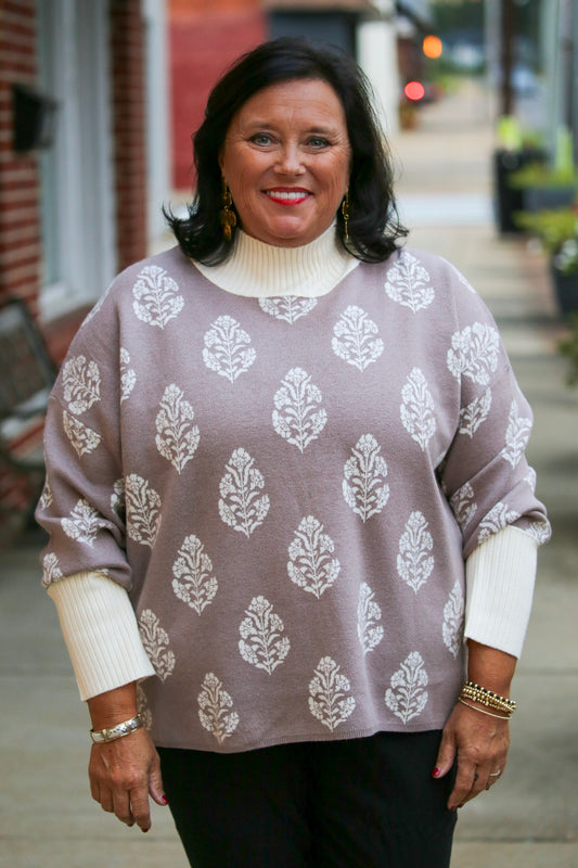 Botanical Mock Neck Sweater-Mocha