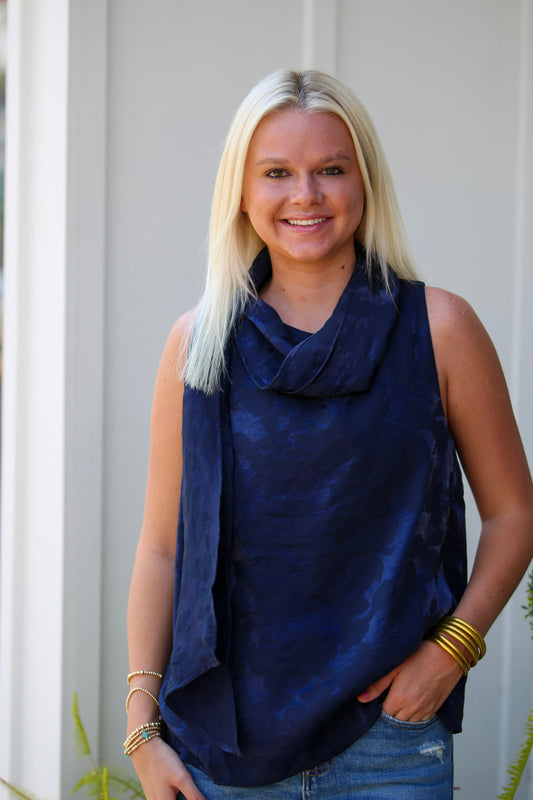 Satin Scarf Neck Top-Navy