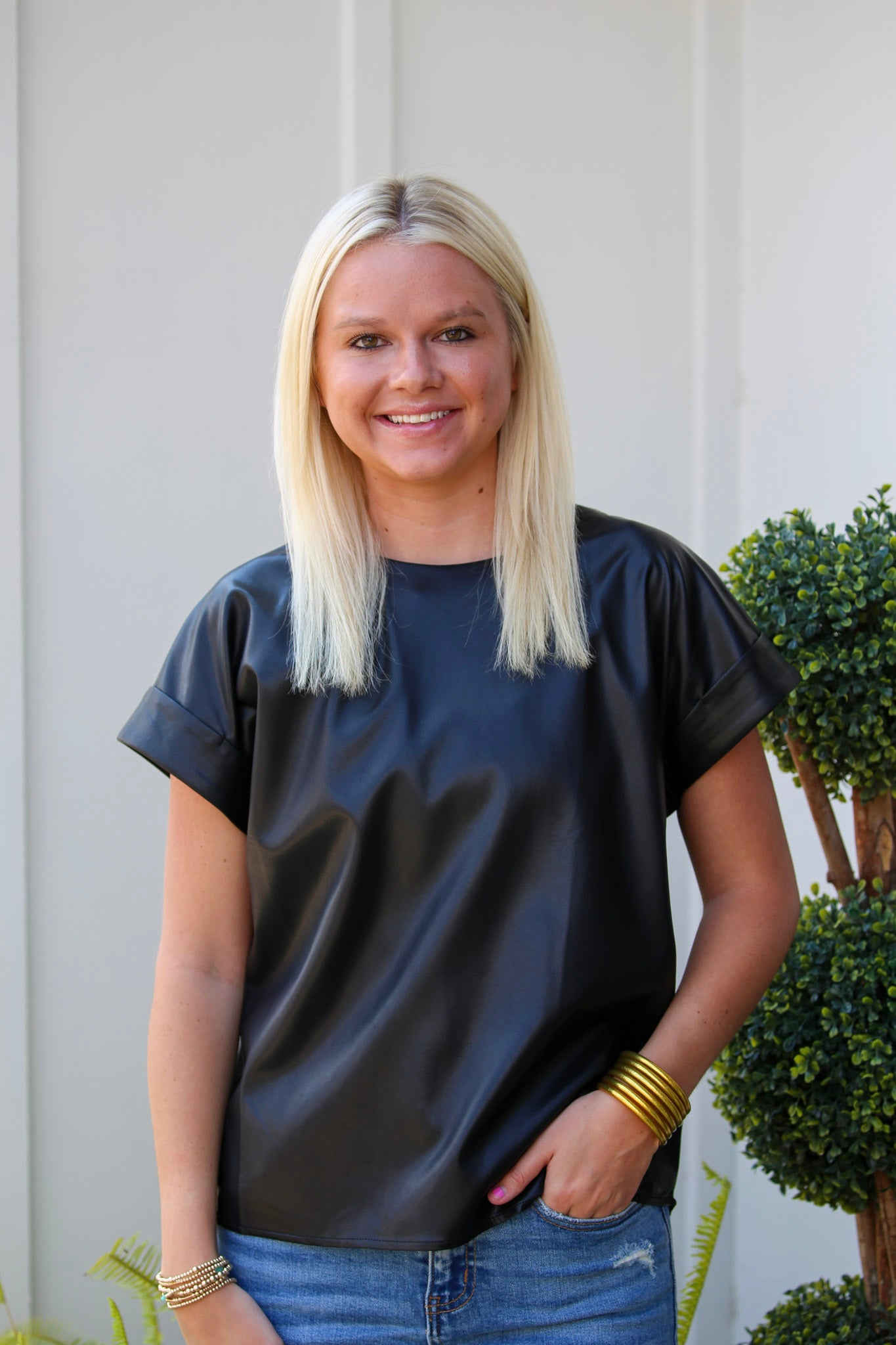 Leather Cap Sleeve Top- Black