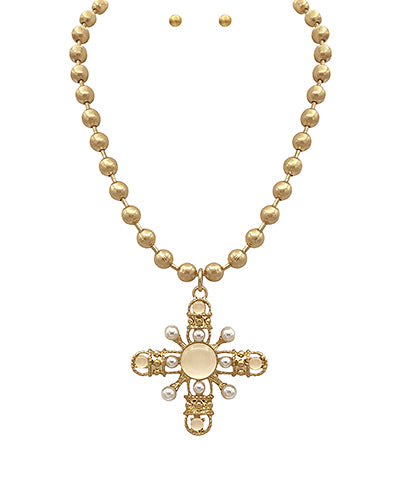 Baroque Cross & Ball Chain Necklace