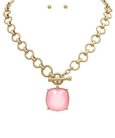 25mm Cushion-Cut Pendant Necklace Set-Pink