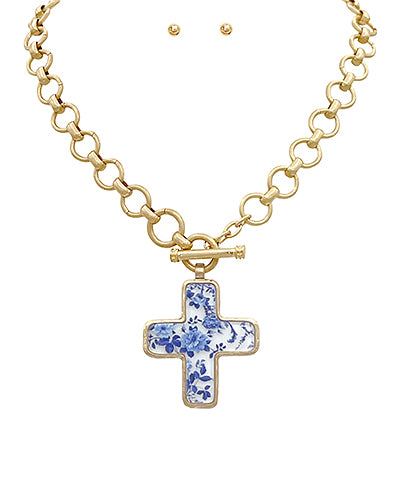 Chinoiserie Print Cross Necklace
