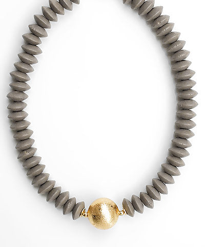 Wooden Bead & Metal Ball Necklace-Grey
