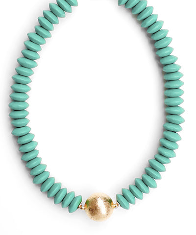 Wooden Bead & Metal Ball Necklace-Turquoise