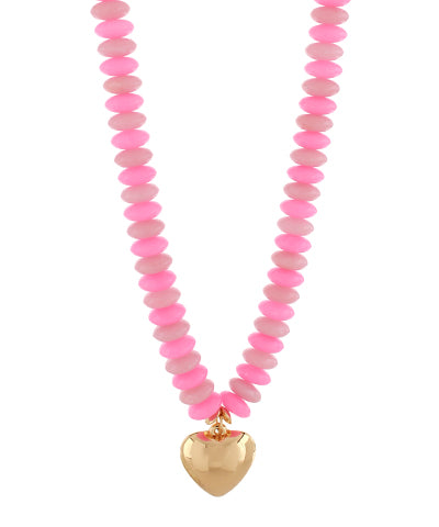 Rondelle Beads Puffy Heart Necklace-Pink