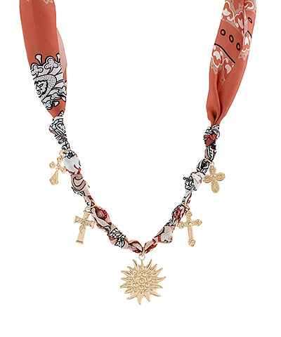 Sun & Cross Charm Scarf Necklace