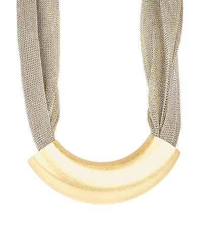 Curved Metal Tube & Mesh Necklace-Gold