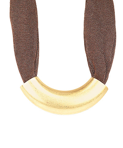 Curved Metal Tube & Mesh Necklace-Brown