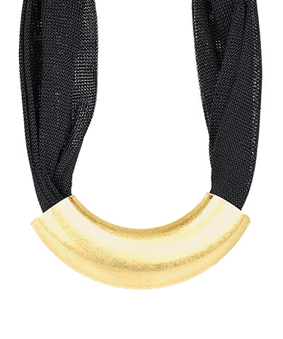 Curved Metal Tube & Mesh Necklace-Black