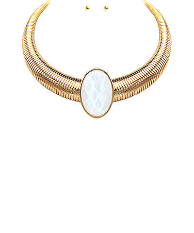 Oval Stone Omega Chain Statement Necklace-Snow