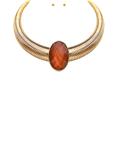 Oval Stone Omega Chain Statement Necklace-Mocha