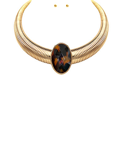 Patterned Stone Omega Chain Necklace Set-Tortoise