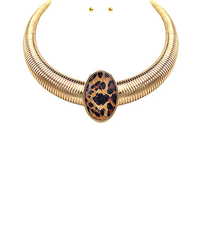 Patterned Stone Omega Chain Necklace Set-Leopard