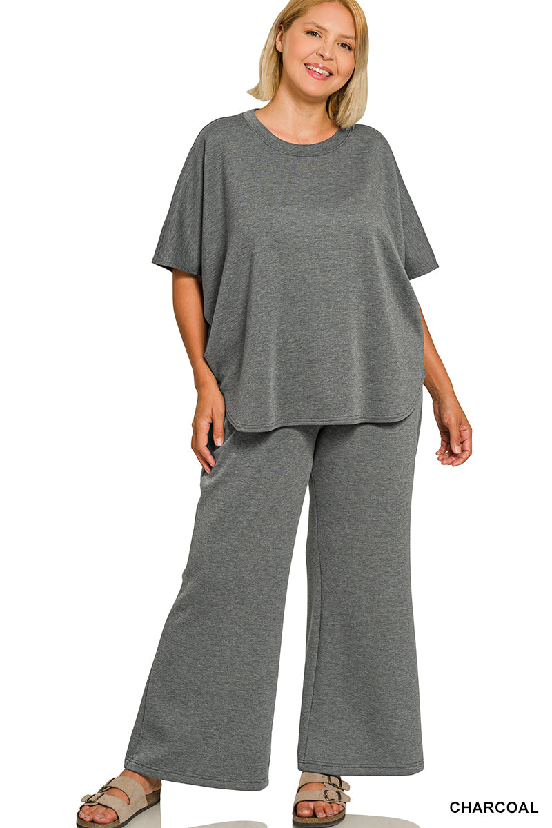 Scuba Curved Hem Top & Pants Set in Charcoal-Curvy