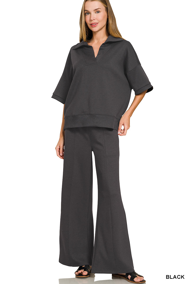 Scuba Collared Short Sleeve Pullover & Pants Set in Black