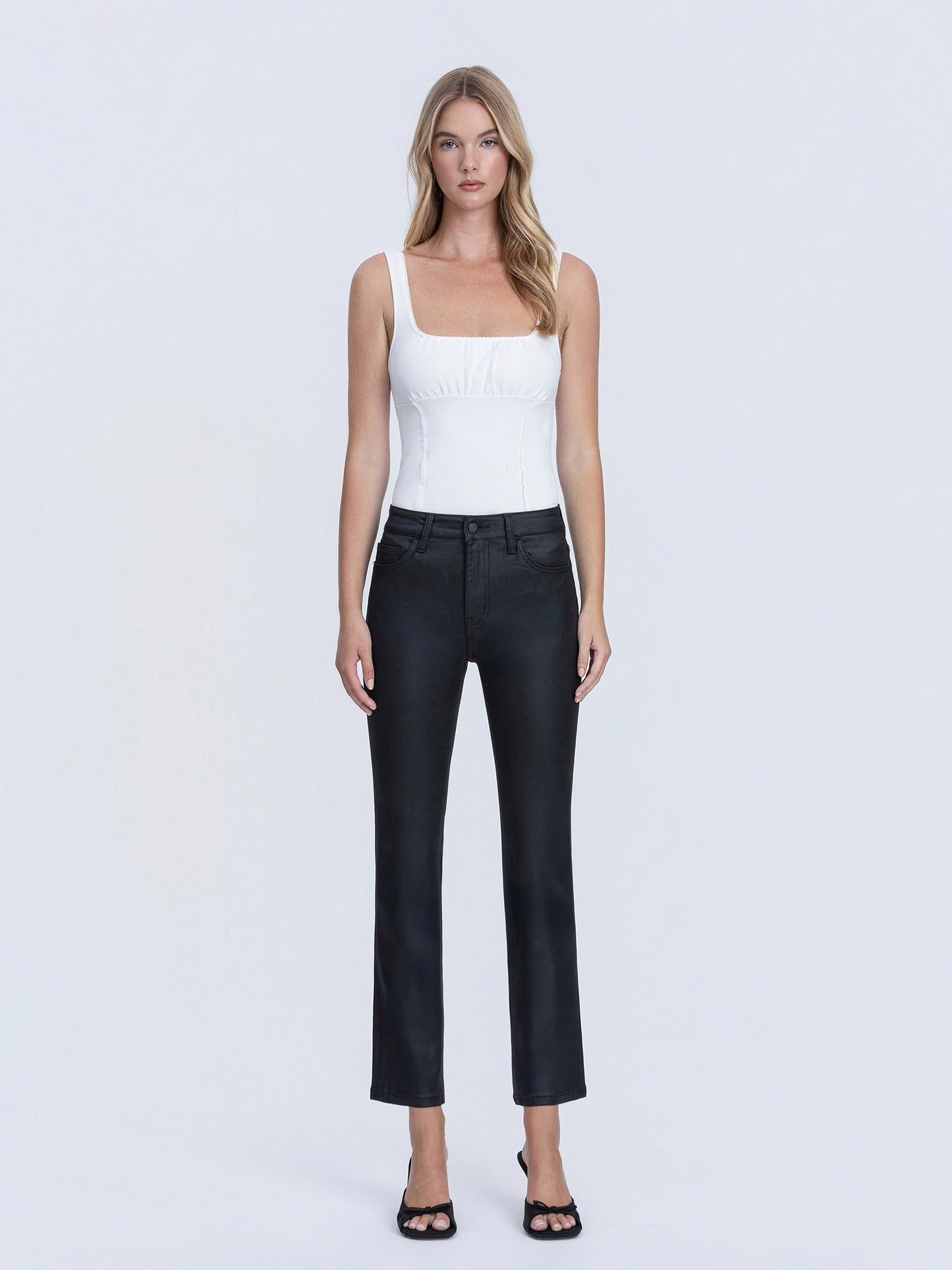 High Rise Coated Ankle Slim Straight Jeans