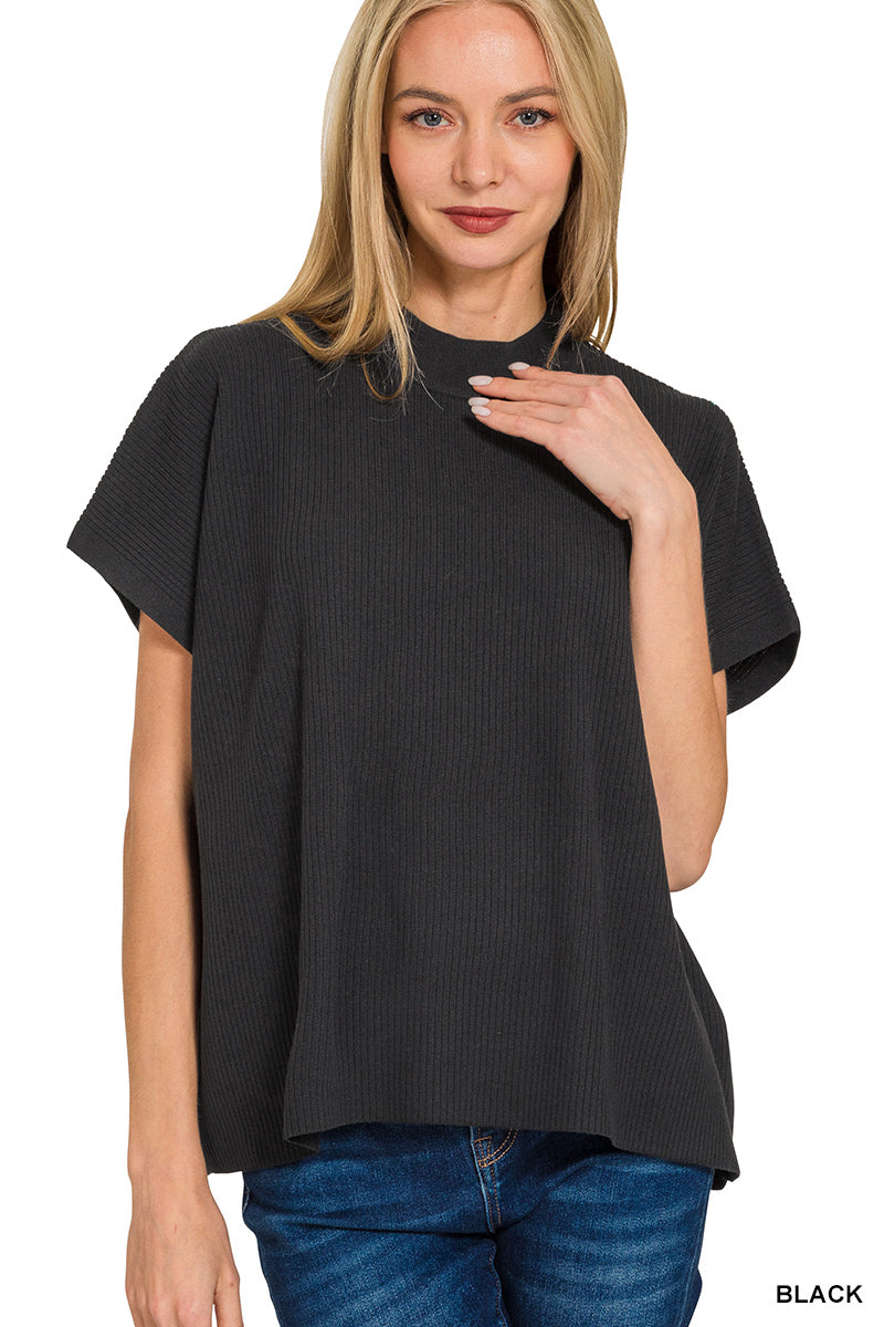 Mock Neck Short Sleeve Boxy Sweater in Black