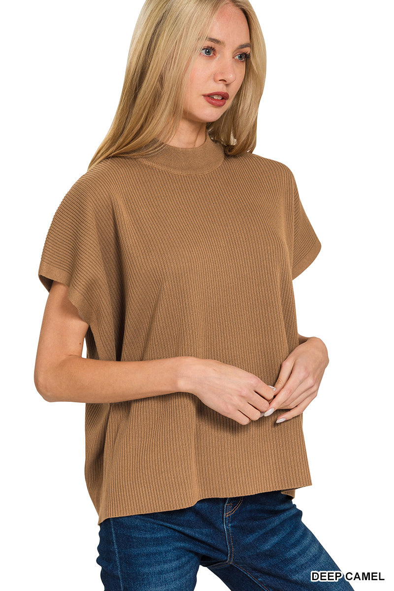 Mock Neck Short Sleeve Boxy Sweater in Deep Camel