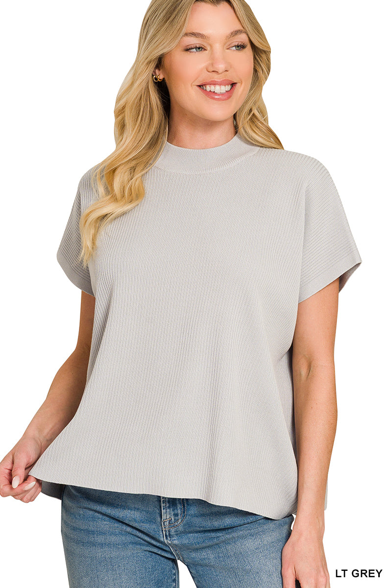 Mock Neck Short Sleeve Boxy Sweater in Light Grey