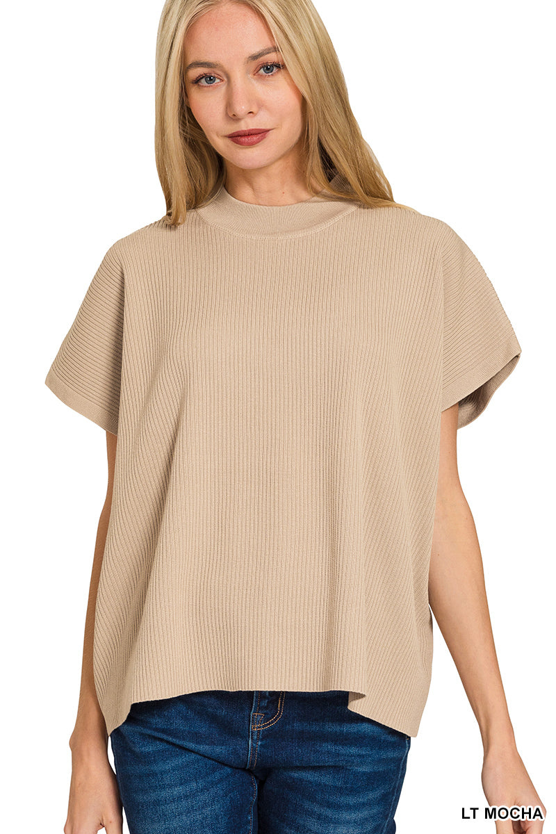 Mock Neck Short Sleeve Boxy Sweater in Light Mocha
