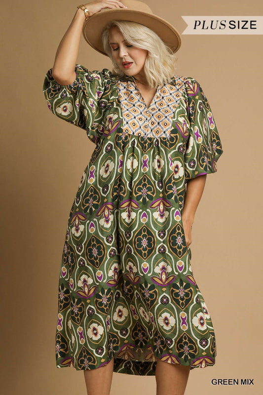 Abstract Print Midi Dress-Green