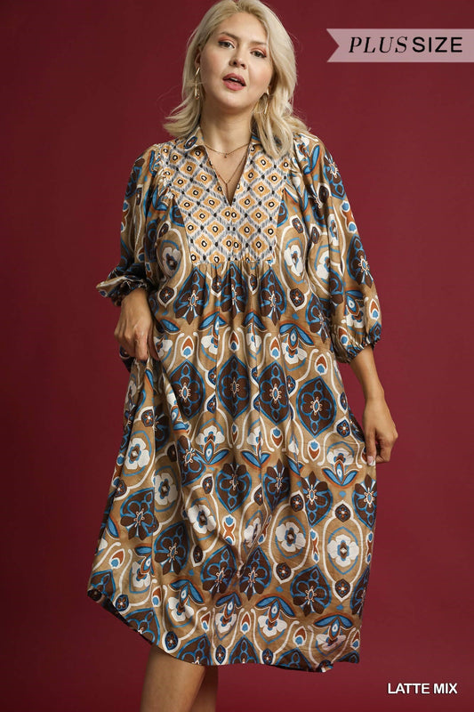Abstract Print Midi Dress-Latte