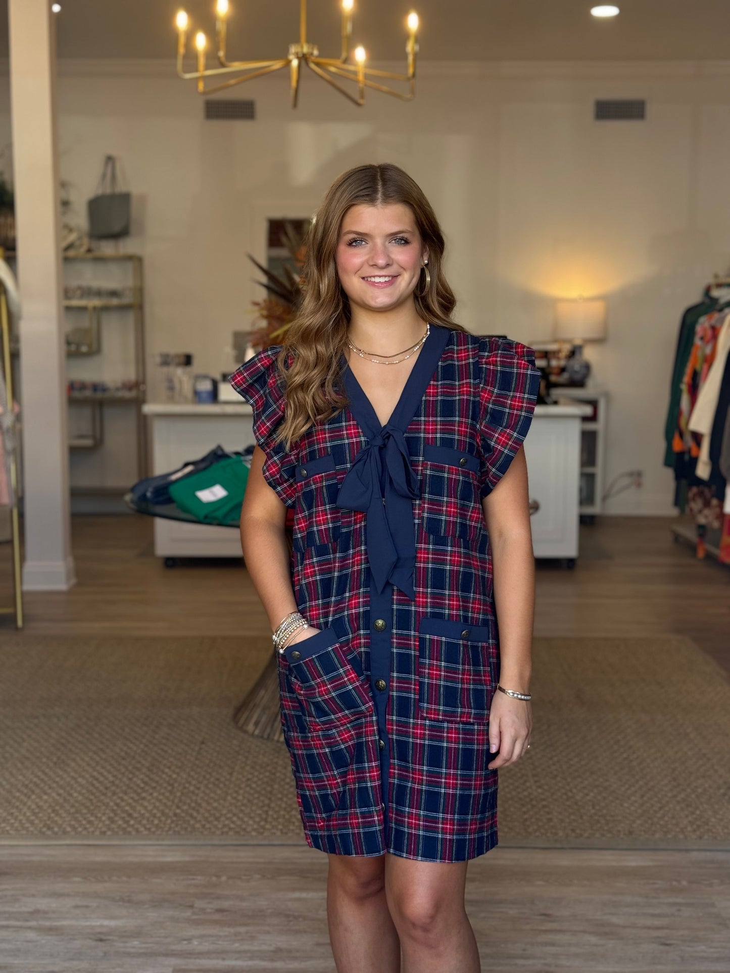 The Saralyn Plaid Dress in Navy