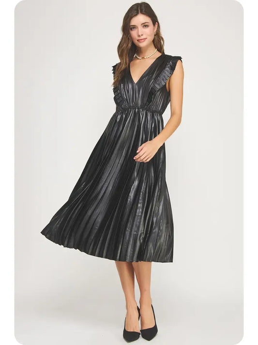 Sleeveless Pleated Satin Midi Dress