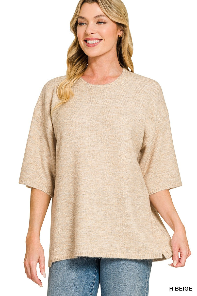 Short Sleeve Oversized Sweater in Heather Beige