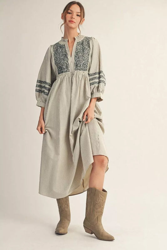 Embroidered Stripe Midi Dress-Cream