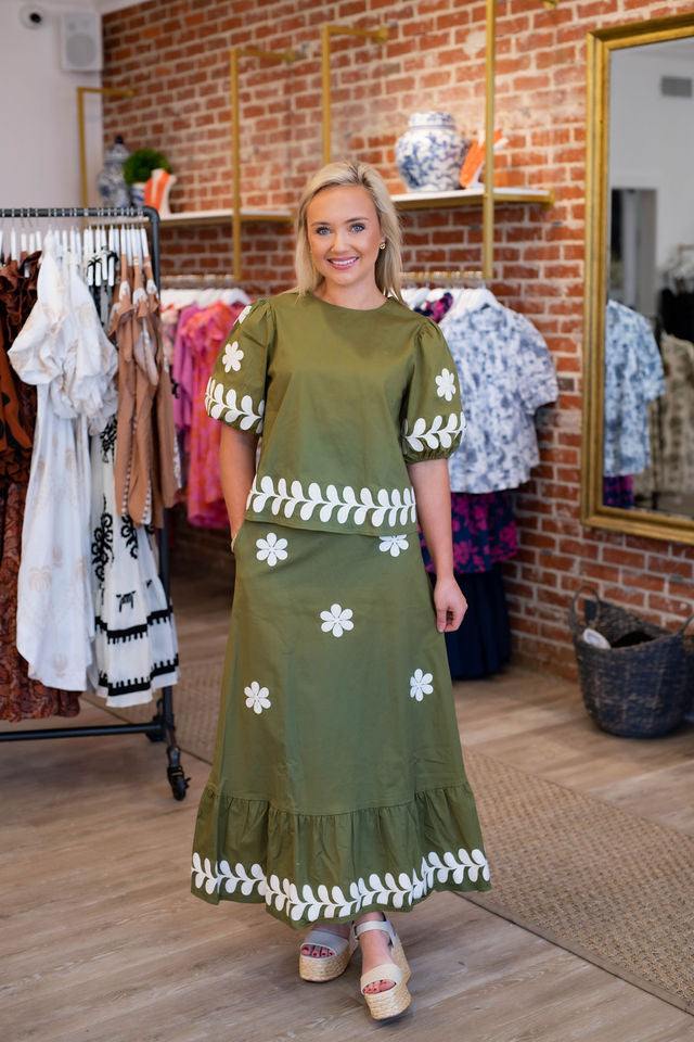 Embroidered Short Puff Sleeve Top in Olive