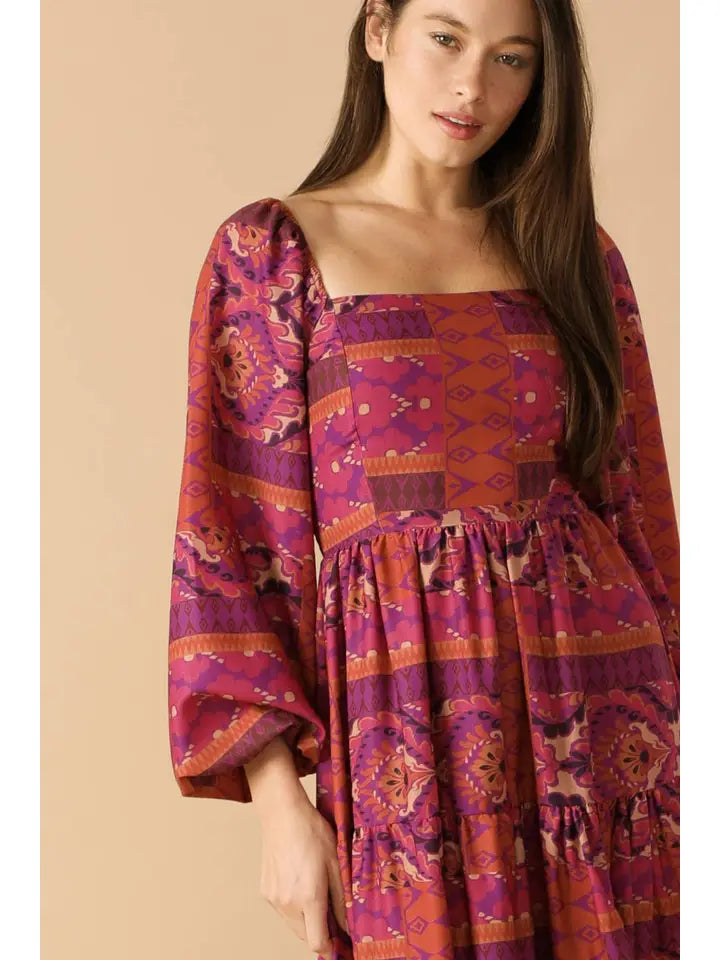 Printed Woven Midi Dress-Magenta