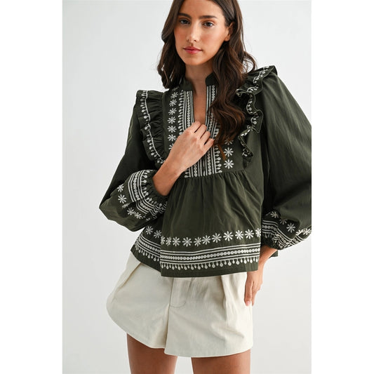 Olive Embroidered Ruffle Blouse
