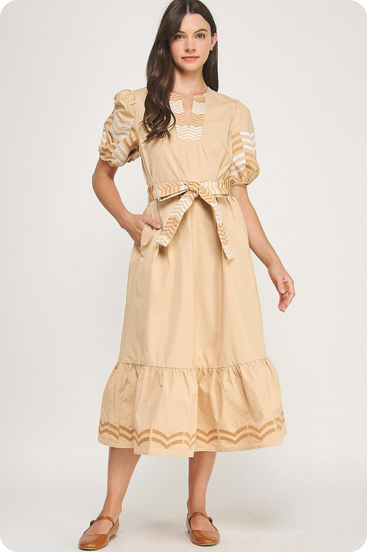 Embroidered Puff Sleeve Midi Dress