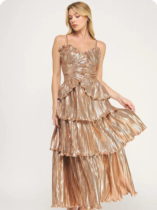 Pleated Layered Midi Dress-Gold