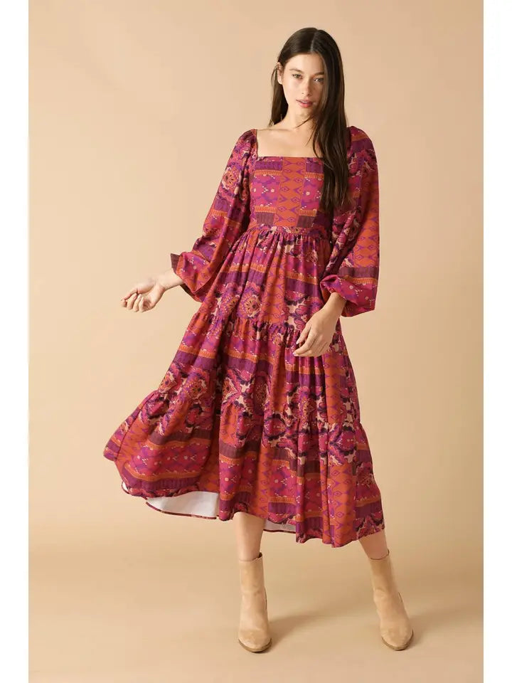 Printed Woven Midi Dress-Magenta