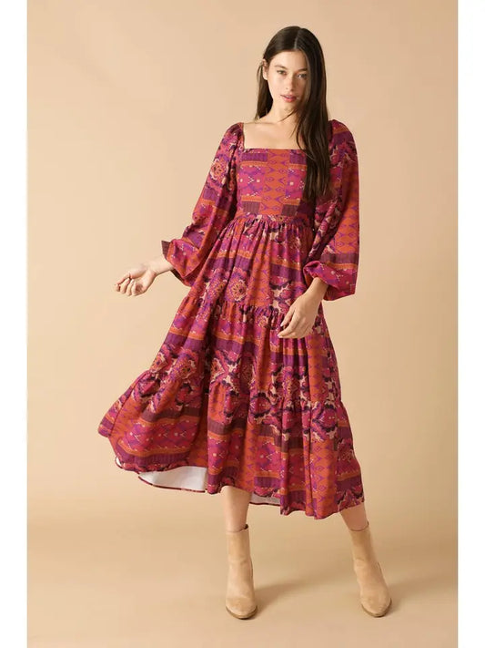 Printed Woven Midi Dress-Magenta