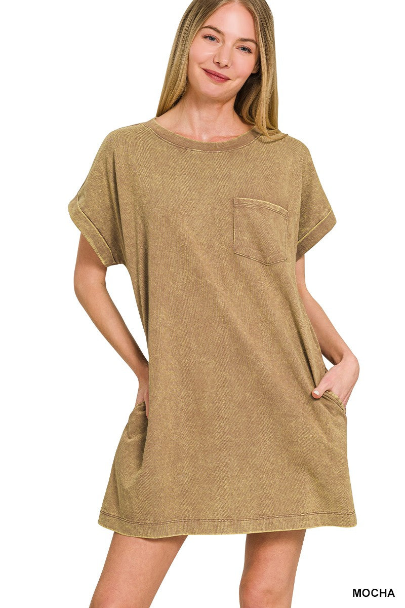 Acid Washed T-shirt Dress in Mocha