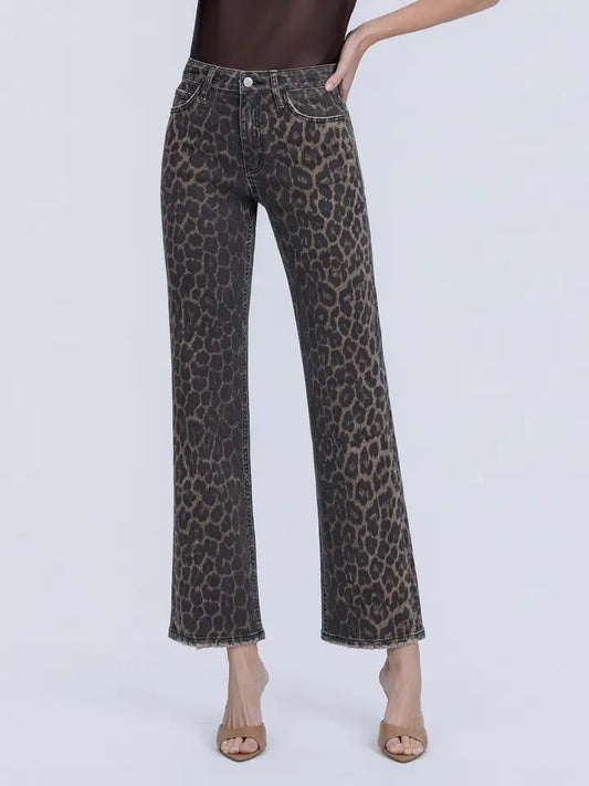 High Rise Leopard Print Slim Wide Jeans