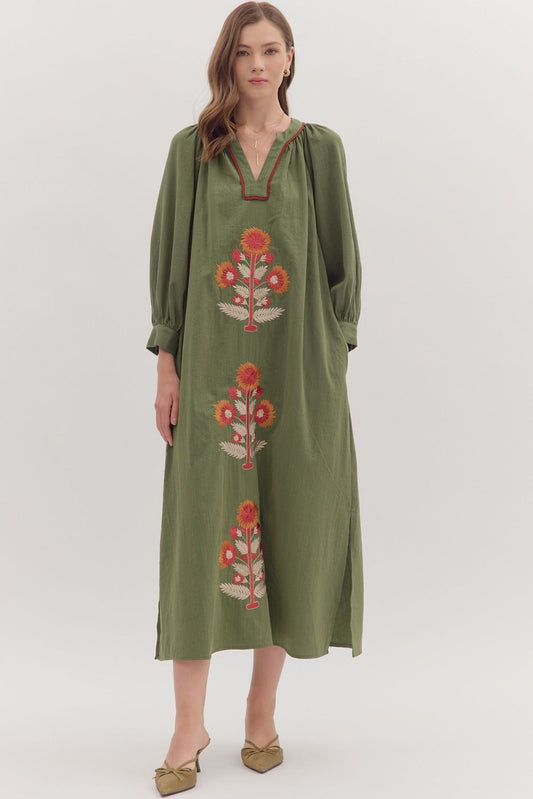 The Wren Embroidered Midi- Olive