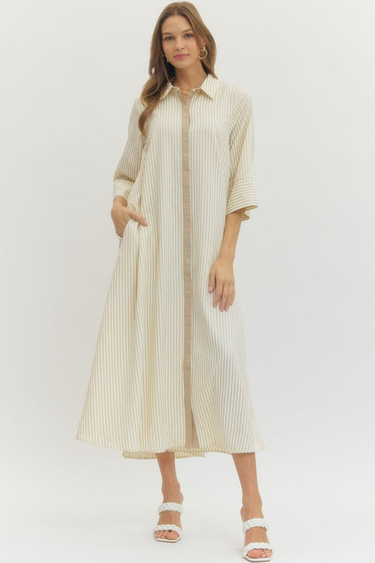 Sand Striped 3/4 Sleeve Midi Dress