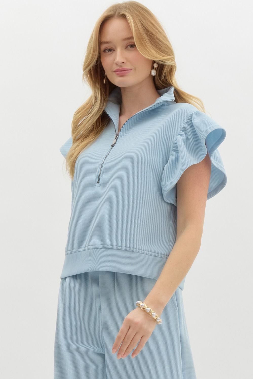 The Tricia Ruffle Sleeve Top in Sky Blue