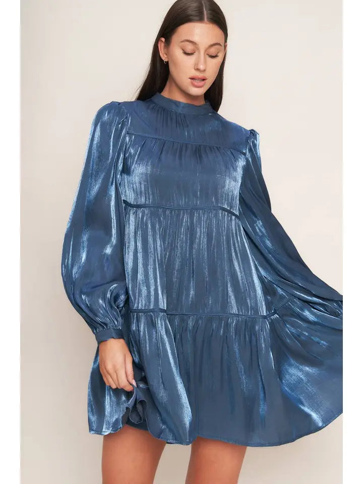 Woven Babydoll Mini Dress-Blue